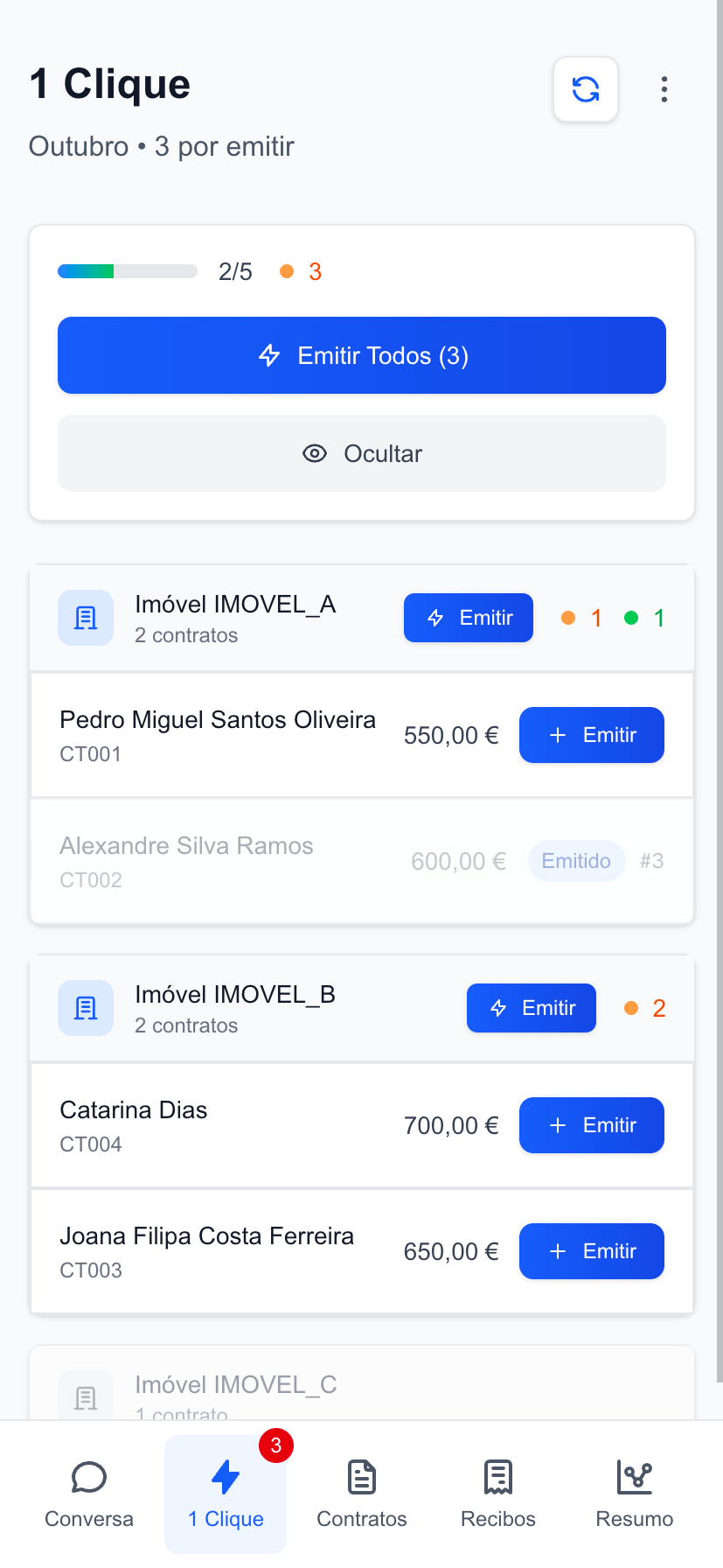 AutoRecibo Web App - Lista de contratos de arrendamento