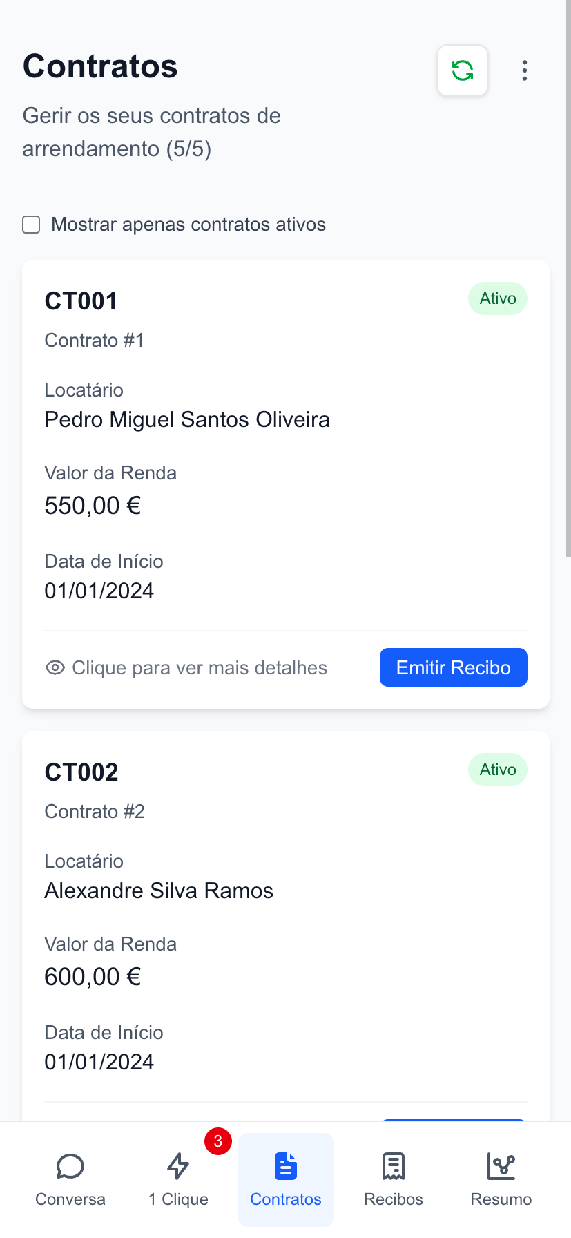 AutoRecibo Web App - Lista de recibos relacionados com os contratos de arrendamento