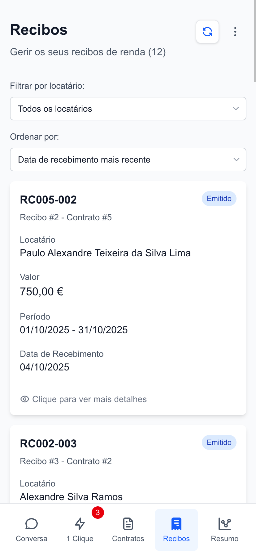 AutoRecibo Web App - Resumo/Estatísticas detalhadas dos recibos emitidos